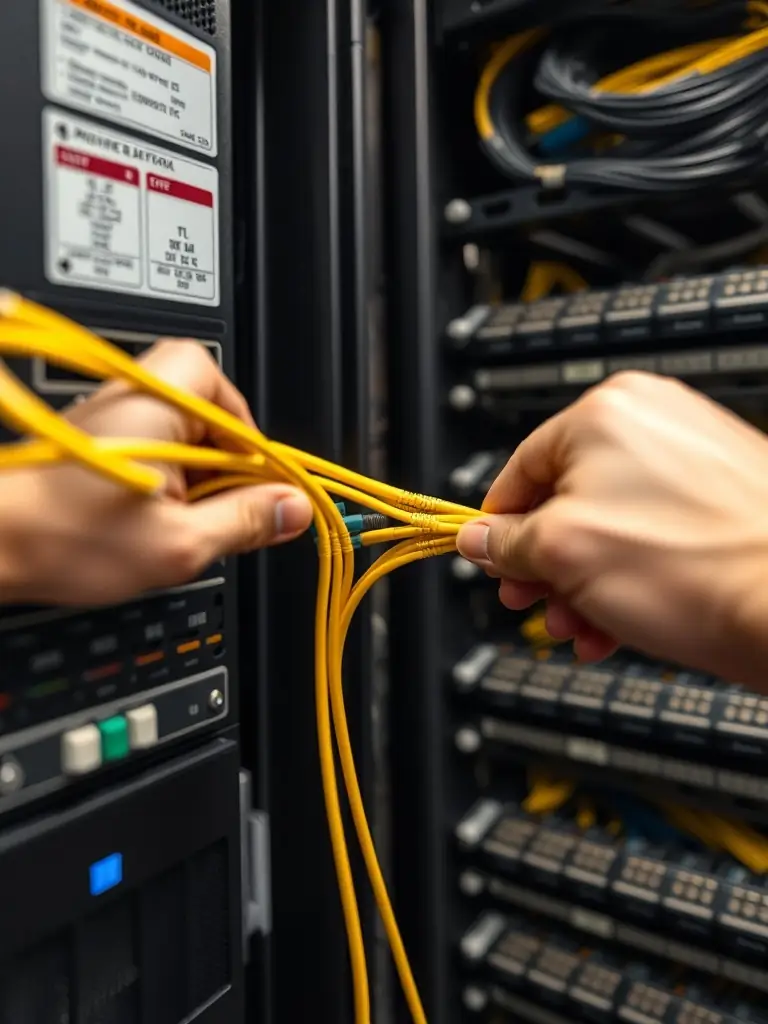 A professional Cammack IT technician installing blue Cat6 network cables into a structured patch panel in a modern, well-lit office server room, emphasizing organization and technical precision.