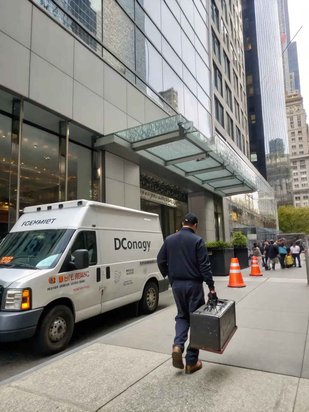 A Cammack IT van parked outside a regional business, with a technician carrying a toolkit and entering the building, representing reliable local field service.