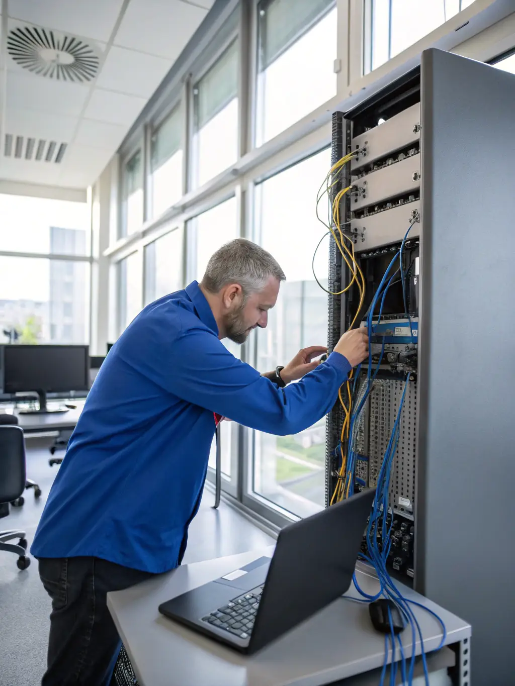 A Cammack IT field technician using a laptop to diagnose a network switch issue at a client’s office, surrounded by neatly arranged IT equipment and cables.