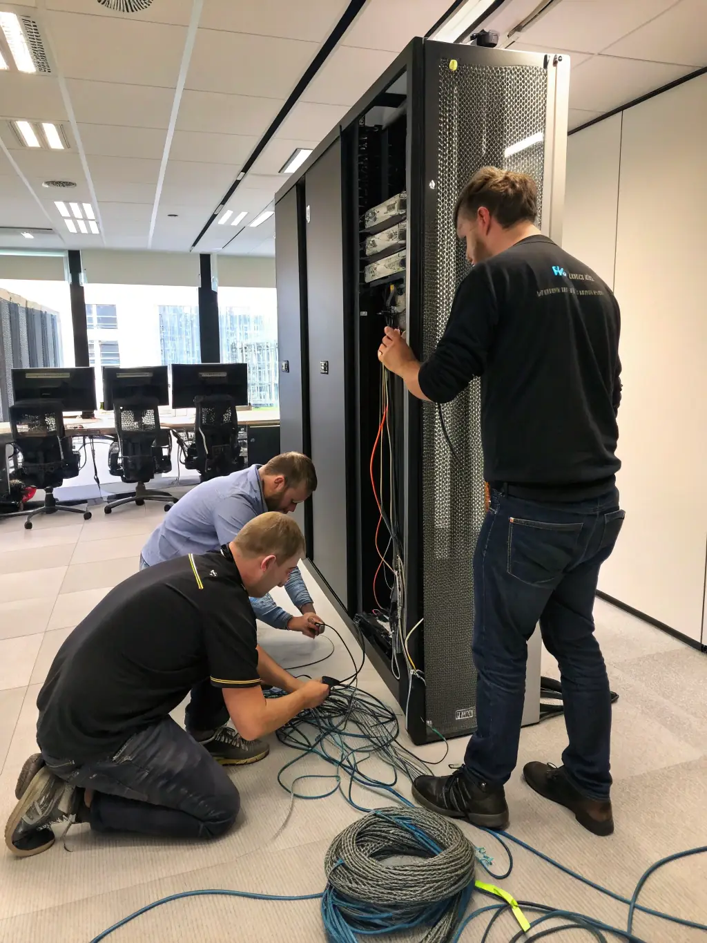 Technicians unpacking and setting up computers, monitors, and VoIP phones in a freshly renovated office space, with moving boxes and new desks visible.